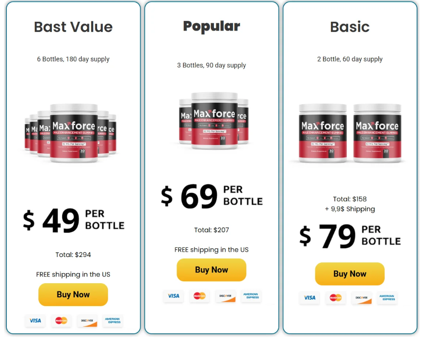 Max Force pricing packages: Best Value 6 bottles $49 per bottle, Popular 3 bottles $69 per bottle, Basic 2 bottles $79 per bottle
